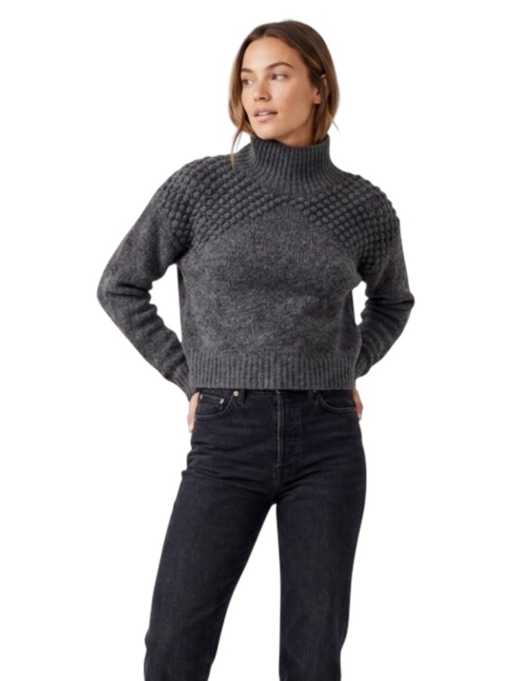 Free People BradleyMock Neck Crop Sweater XS Gray Popcorn Knit Boho Chic Cabin